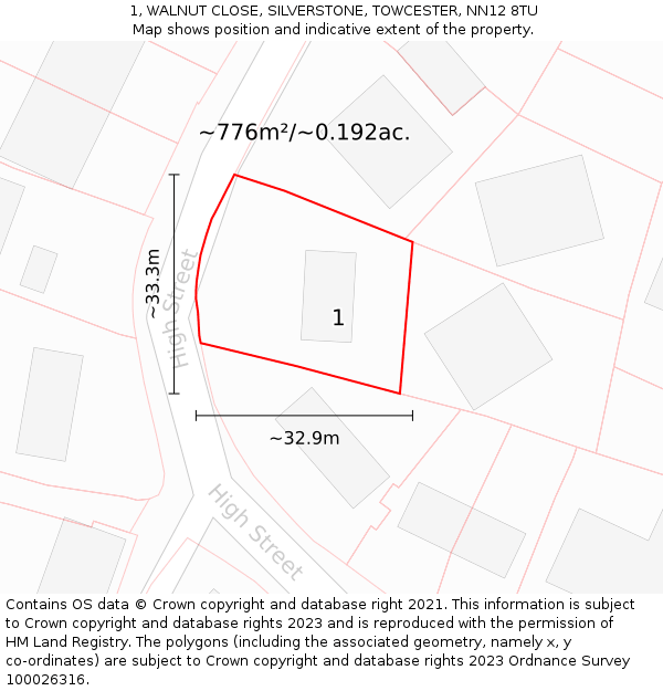1, WALNUT CLOSE, SILVERSTONE, TOWCESTER, NN12 8TU: Plot and title map