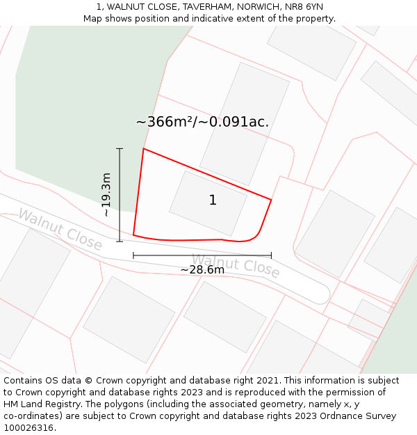 1, WALNUT CLOSE, TAVERHAM, NORWICH, NR8 6YN: Plot and title map
