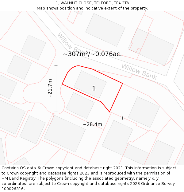 1, WALNUT CLOSE, TELFORD, TF4 3TA: Plot and title map