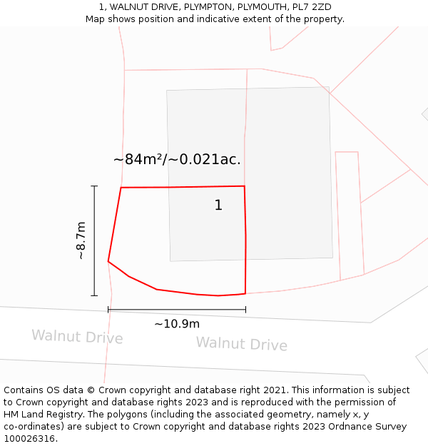1, WALNUT DRIVE, PLYMPTON, PLYMOUTH, PL7 2ZD: Plot and title map