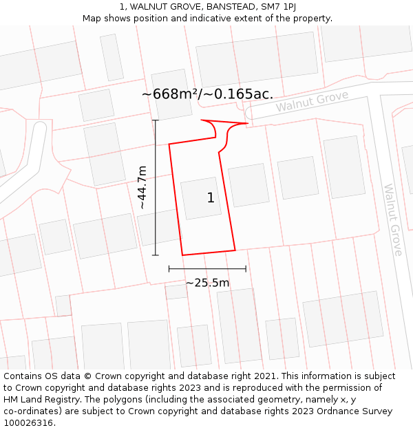 1, WALNUT GROVE, BANSTEAD, SM7 1PJ: Plot and title map