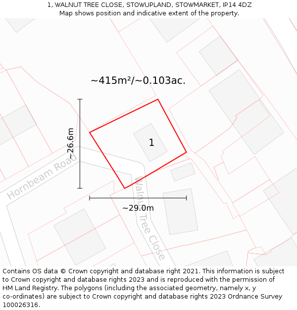 1, WALNUT TREE CLOSE, STOWUPLAND, STOWMARKET, IP14 4DZ: Plot and title map