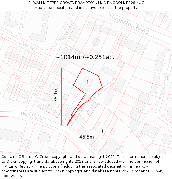 1, WALNUT TREE GROVE, BRAMPTON, HUNTINGDON, PE28 4UG: Plot and title map