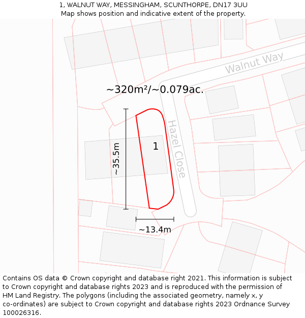 1, WALNUT WAY, MESSINGHAM, SCUNTHORPE, DN17 3UU: Plot and title map