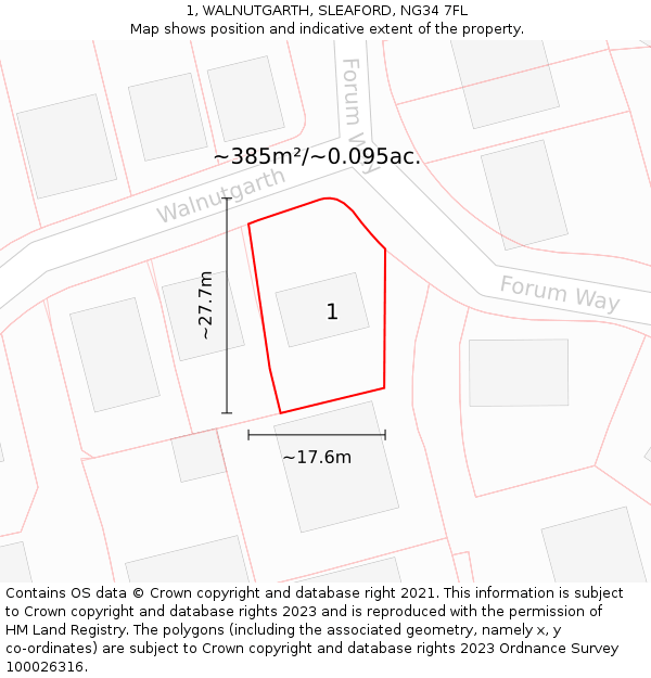 1, WALNUTGARTH, SLEAFORD, NG34 7FL: Plot and title map