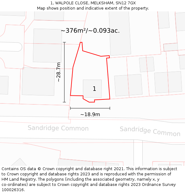 1, WALPOLE CLOSE, MELKSHAM, SN12 7GX: Plot and title map