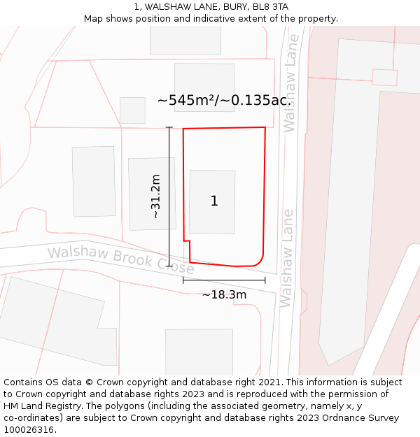 1, WALSHAW LANE, BURY, BL8 3TA: Plot and title map