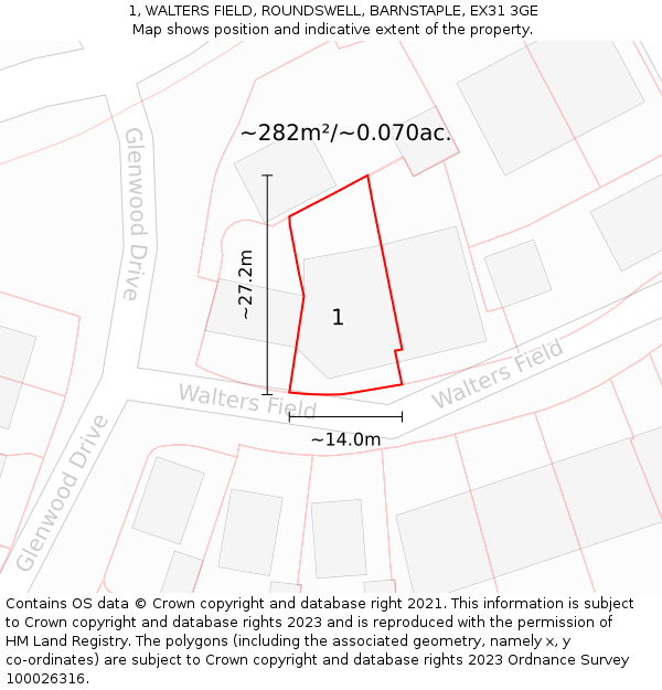 1, WALTERS FIELD, ROUNDSWELL, BARNSTAPLE, EX31 3GE: Plot and title map