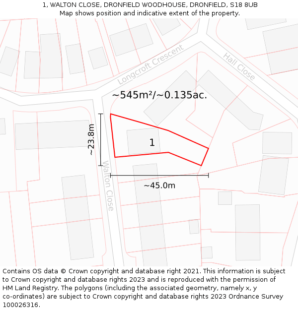1, WALTON CLOSE, DRONFIELD WOODHOUSE, DRONFIELD, S18 8UB: Plot and title map
