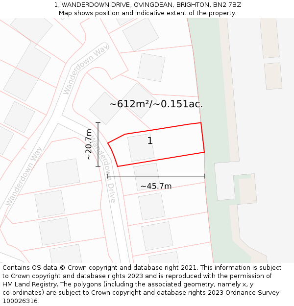 1, WANDERDOWN DRIVE, OVINGDEAN, BRIGHTON, BN2 7BZ: Plot and title map