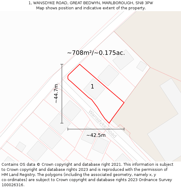 1, WANSDYKE ROAD, GREAT BEDWYN, MARLBOROUGH, SN8 3PW: Plot and title map