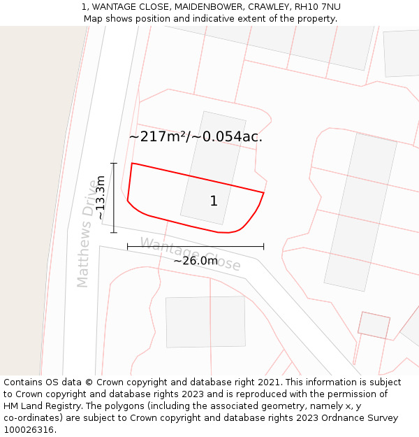 1, WANTAGE CLOSE, MAIDENBOWER, CRAWLEY, RH10 7NU: Plot and title map