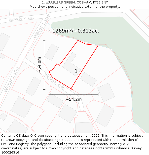 1, WARBLERS GREEN, COBHAM, KT11 2NY: Plot and title map