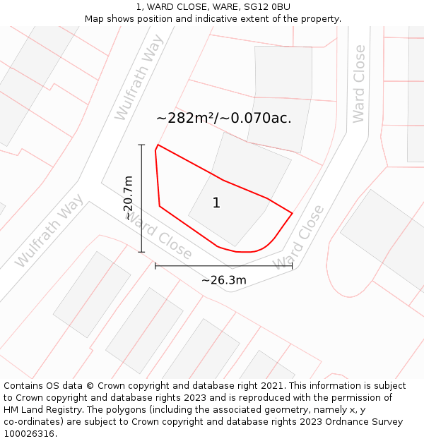 1, WARD CLOSE, WARE, SG12 0BU: Plot and title map