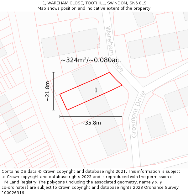 1, WAREHAM CLOSE, TOOTHILL, SWINDON, SN5 8LS: Plot and title map