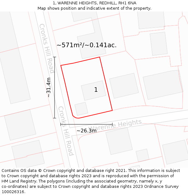 1, WARENNE HEIGHTS, REDHILL, RH1 6NA: Plot and title map