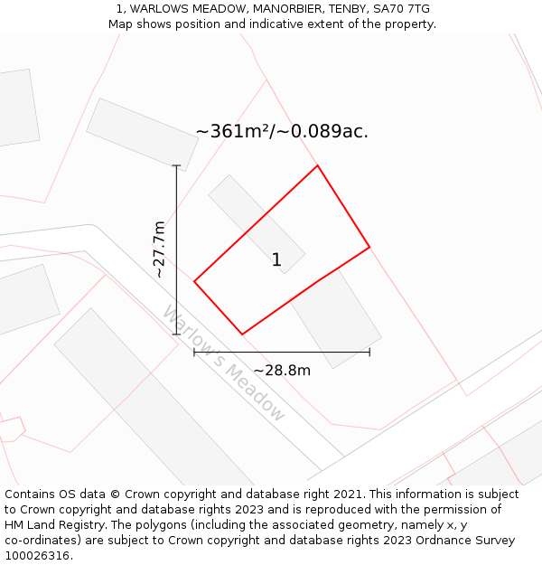 1, WARLOWS MEADOW, MANORBIER, TENBY, SA70 7TG: Plot and title map