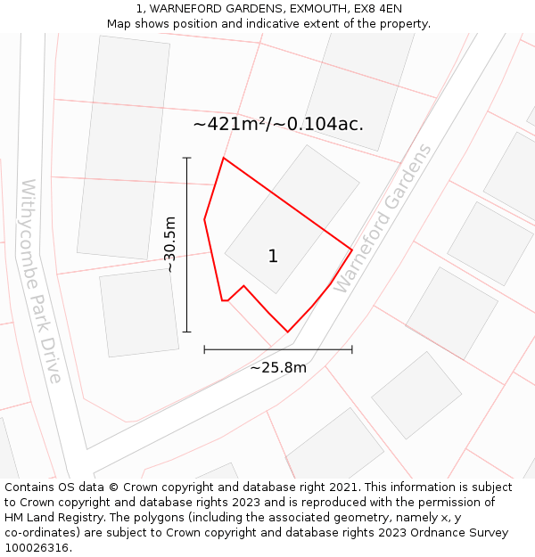 1, WARNEFORD GARDENS, EXMOUTH, EX8 4EN: Plot and title map