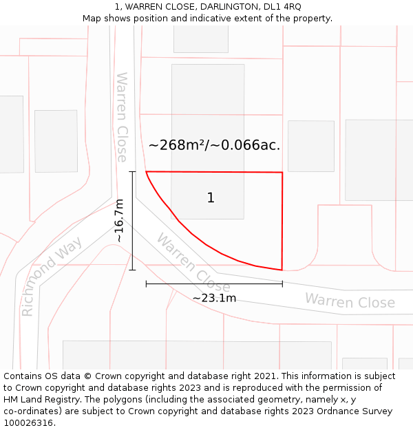 1, WARREN CLOSE, DARLINGTON, DL1 4RQ: Plot and title map