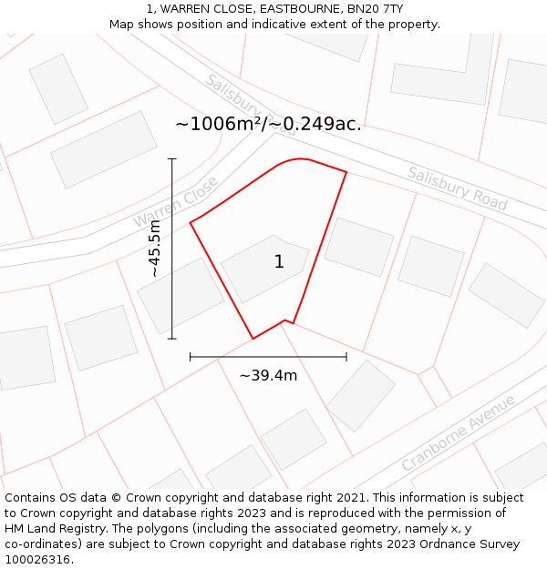 1, WARREN CLOSE, EASTBOURNE, BN20 7TY: Plot and title map