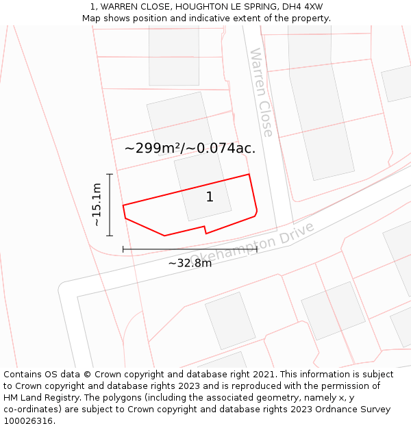 1, WARREN CLOSE, HOUGHTON LE SPRING, DH4 4XW: Plot and title map