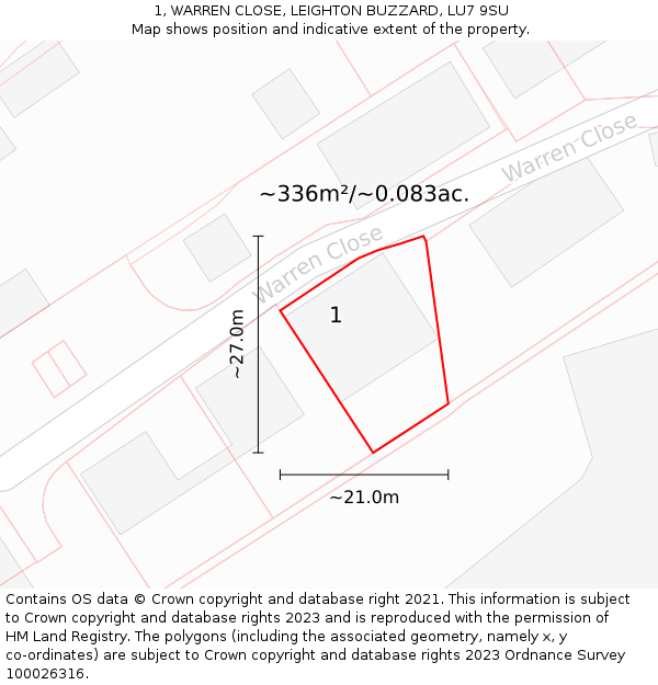 1, WARREN CLOSE, LEIGHTON BUZZARD, LU7 9SU: Plot and title map