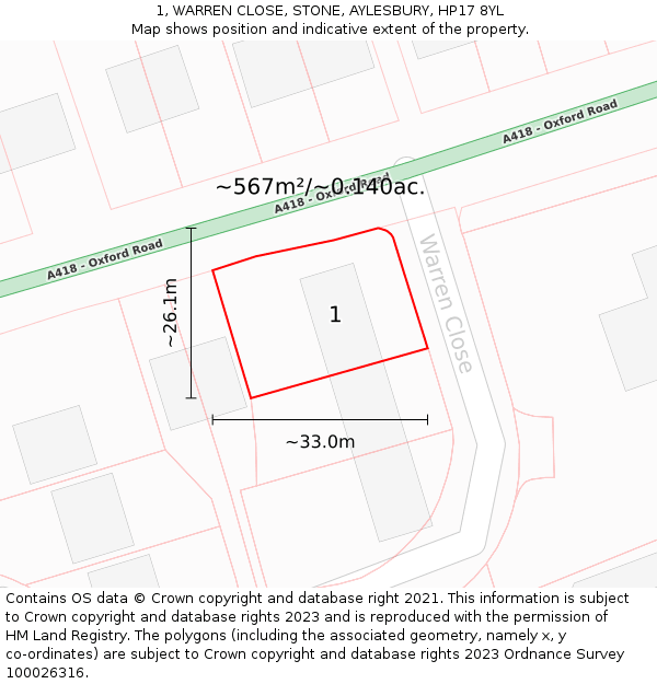 1, WARREN CLOSE, STONE, AYLESBURY, HP17 8YL: Plot and title map