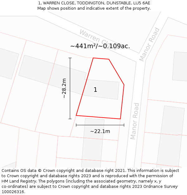 1, WARREN CLOSE, TODDINGTON, DUNSTABLE, LU5 6AE: Plot and title map