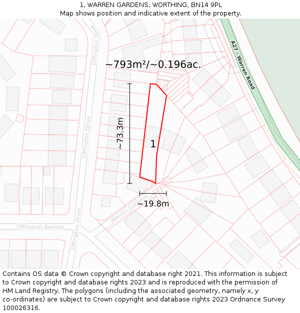 1, WARREN GARDENS, WORTHING, BN14 9PL: Plot and title map