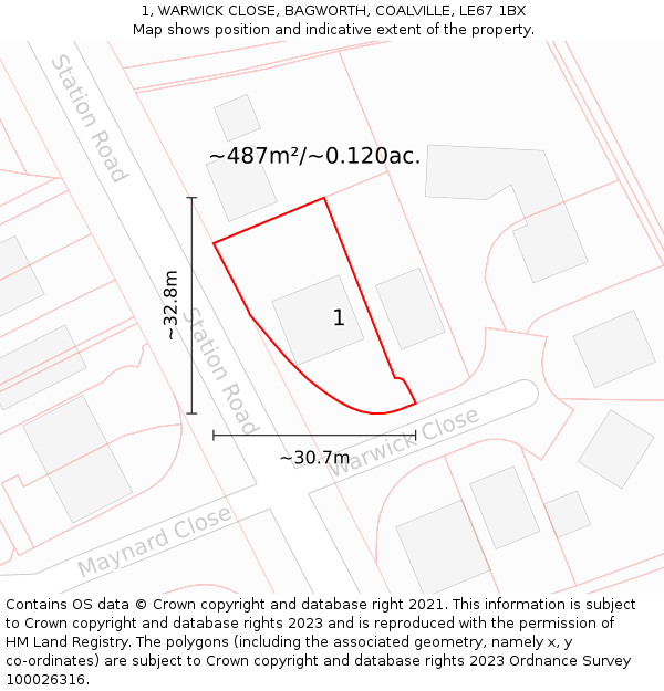 1, WARWICK CLOSE, BAGWORTH, COALVILLE, LE67 1BX: Plot and title map