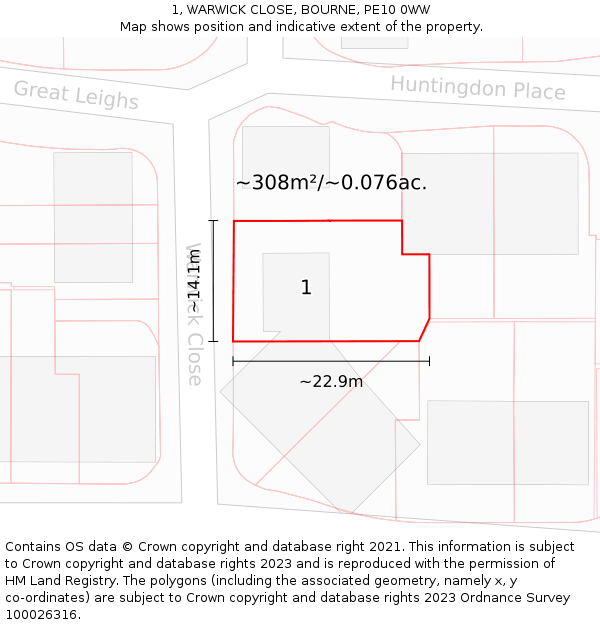 1, WARWICK CLOSE, BOURNE, PE10 0WW: Plot and title map