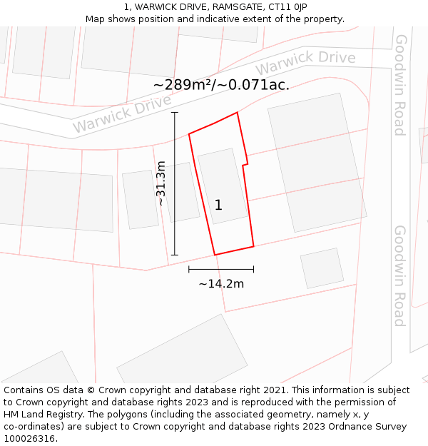 1, WARWICK DRIVE, RAMSGATE, CT11 0JP: Plot and title map