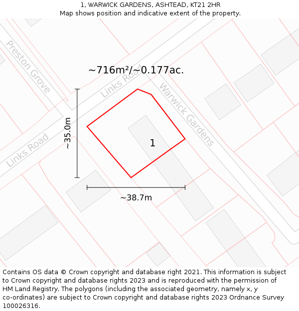 1, WARWICK GARDENS, ASHTEAD, KT21 2HR: Plot and title map