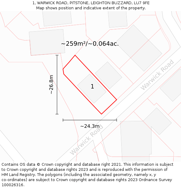 1, WARWICK ROAD, PITSTONE, LEIGHTON BUZZARD, LU7 9FE: Plot and title map