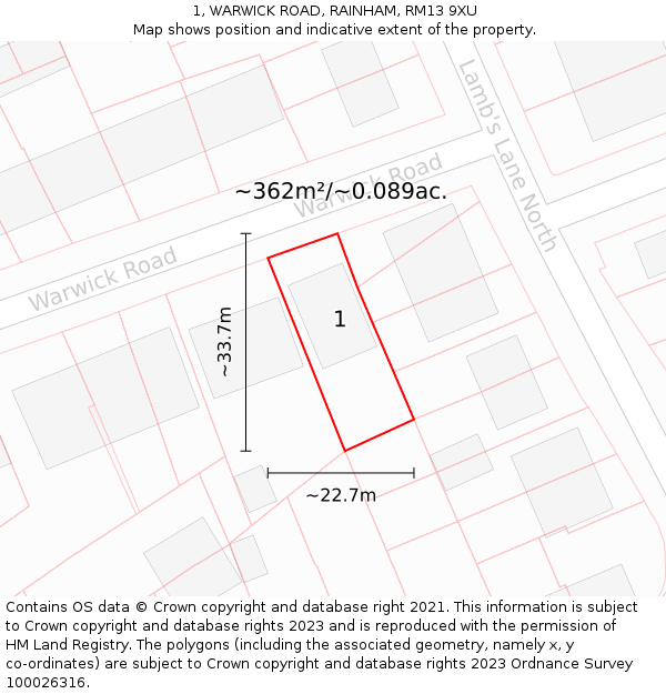1, WARWICK ROAD, RAINHAM, RM13 9XU: Plot and title map
