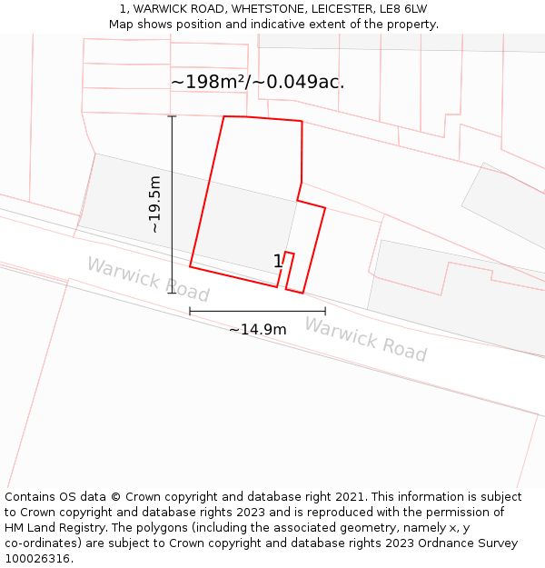 1, WARWICK ROAD, WHETSTONE, LEICESTER, LE8 6LW: Plot and title map