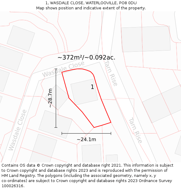 1, WASDALE CLOSE, WATERLOOVILLE, PO8 0DU: Plot and title map