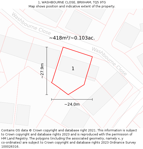 1, WASHBOURNE CLOSE, BRIXHAM, TQ5 9TG: Plot and title map