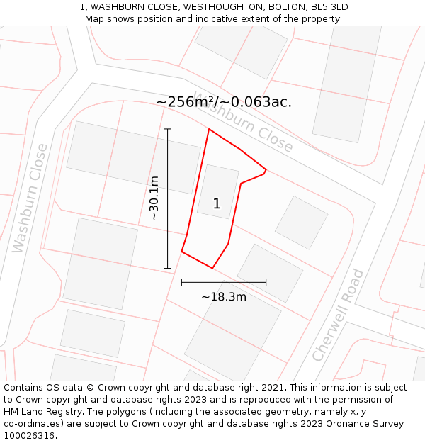 1, WASHBURN CLOSE, WESTHOUGHTON, BOLTON, BL5 3LD: Plot and title map