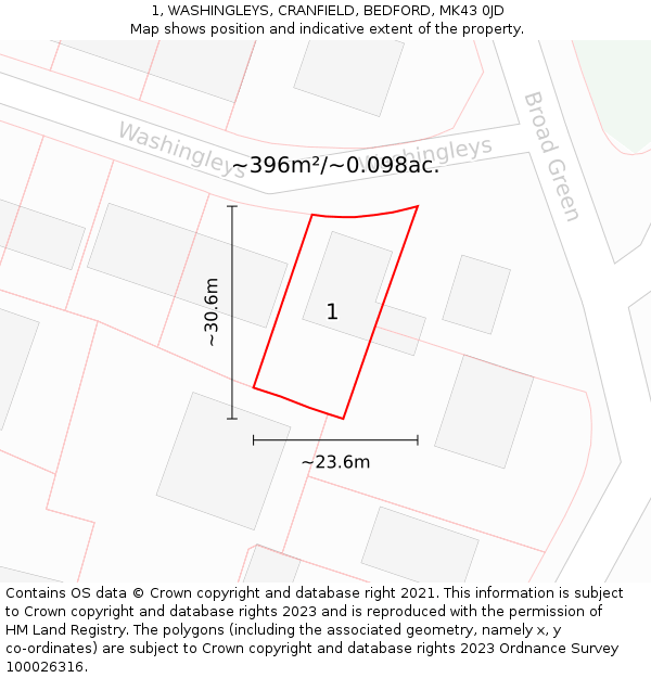 1, WASHINGLEYS, CRANFIELD, BEDFORD, MK43 0JD: Plot and title map