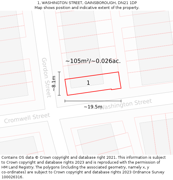 1, WASHINGTON STREET, GAINSBOROUGH, DN21 1DP: Plot and title map