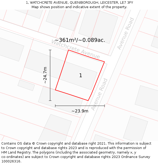 1, WATCHCRETE AVENUE, QUENIBOROUGH, LEICESTER, LE7 3FY: Plot and title map