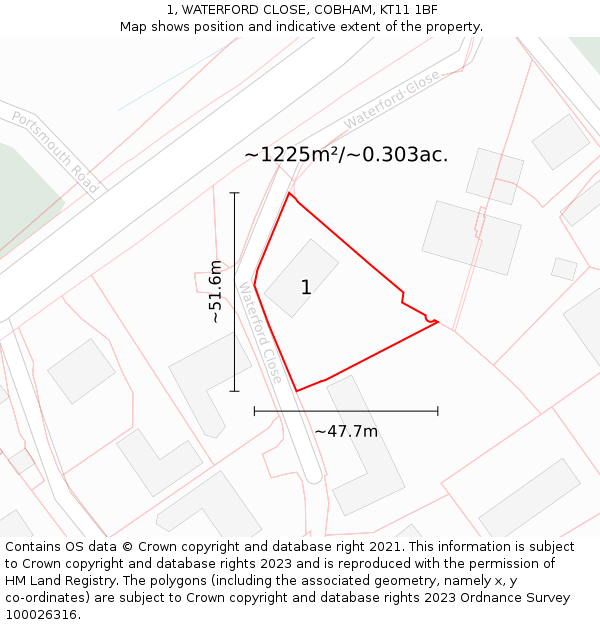 1, WATERFORD CLOSE, COBHAM, KT11 1BF: Plot and title map