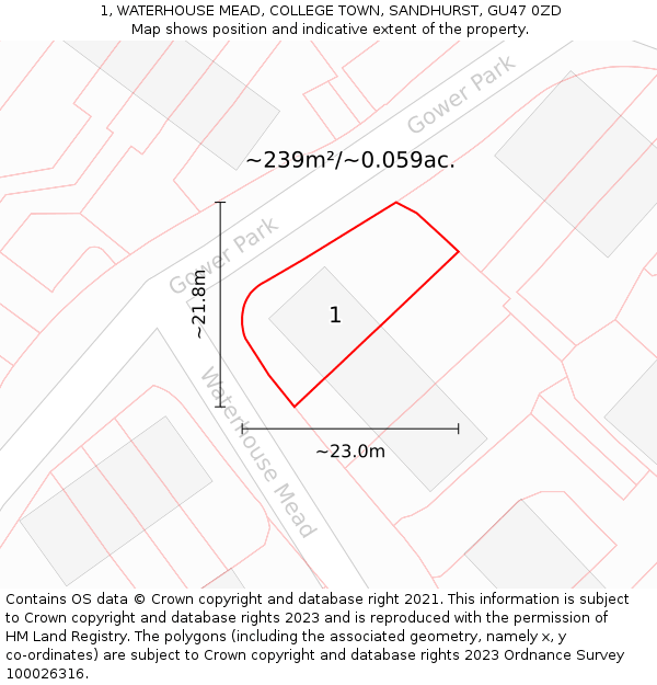 1, WATERHOUSE MEAD, COLLEGE TOWN, SANDHURST, GU47 0ZD: Plot and title map