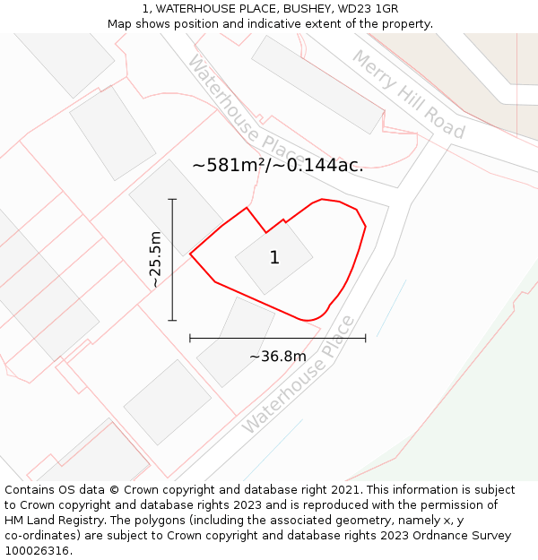 1, WATERHOUSE PLACE, BUSHEY, WD23 1GR: Plot and title map