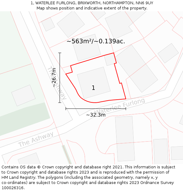 1, WATERLEE FURLONG, BRIXWORTH, NORTHAMPTON, NN6 9UY: Plot and title map