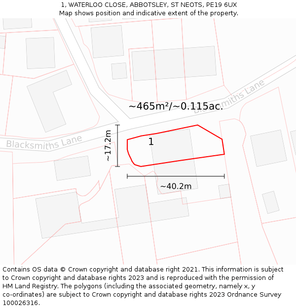 1, WATERLOO CLOSE, ABBOTSLEY, ST NEOTS, PE19 6UX: Plot and title map