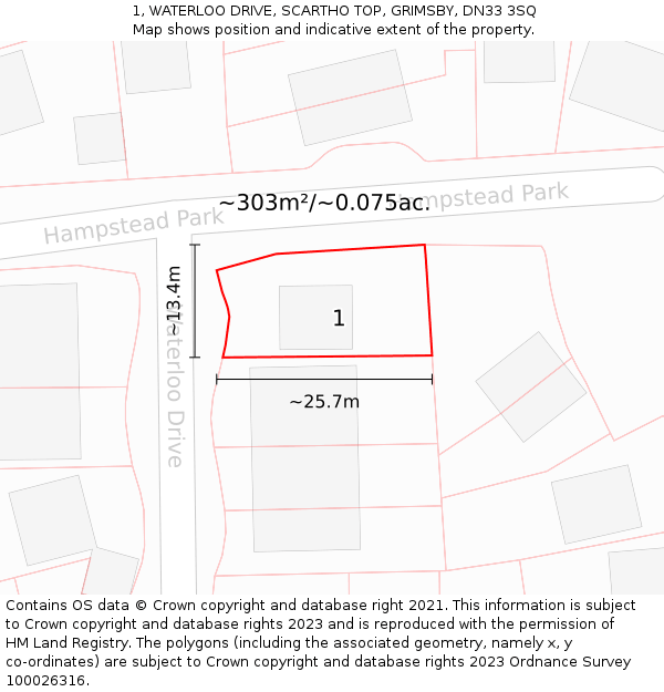 1, WATERLOO DRIVE, SCARTHO TOP, GRIMSBY, DN33 3SQ: Plot and title map