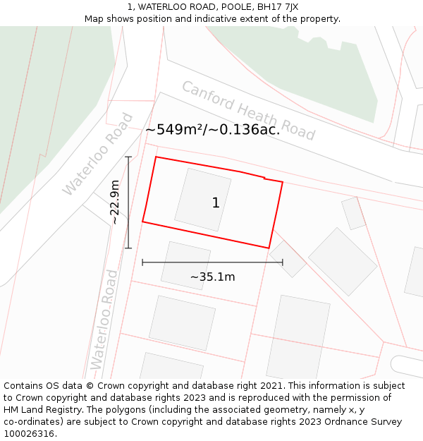 1, WATERLOO ROAD, POOLE, BH17 7JX: Plot and title map