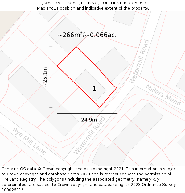1, WATERMILL ROAD, FEERING, COLCHESTER, CO5 9SR: Plot and title map